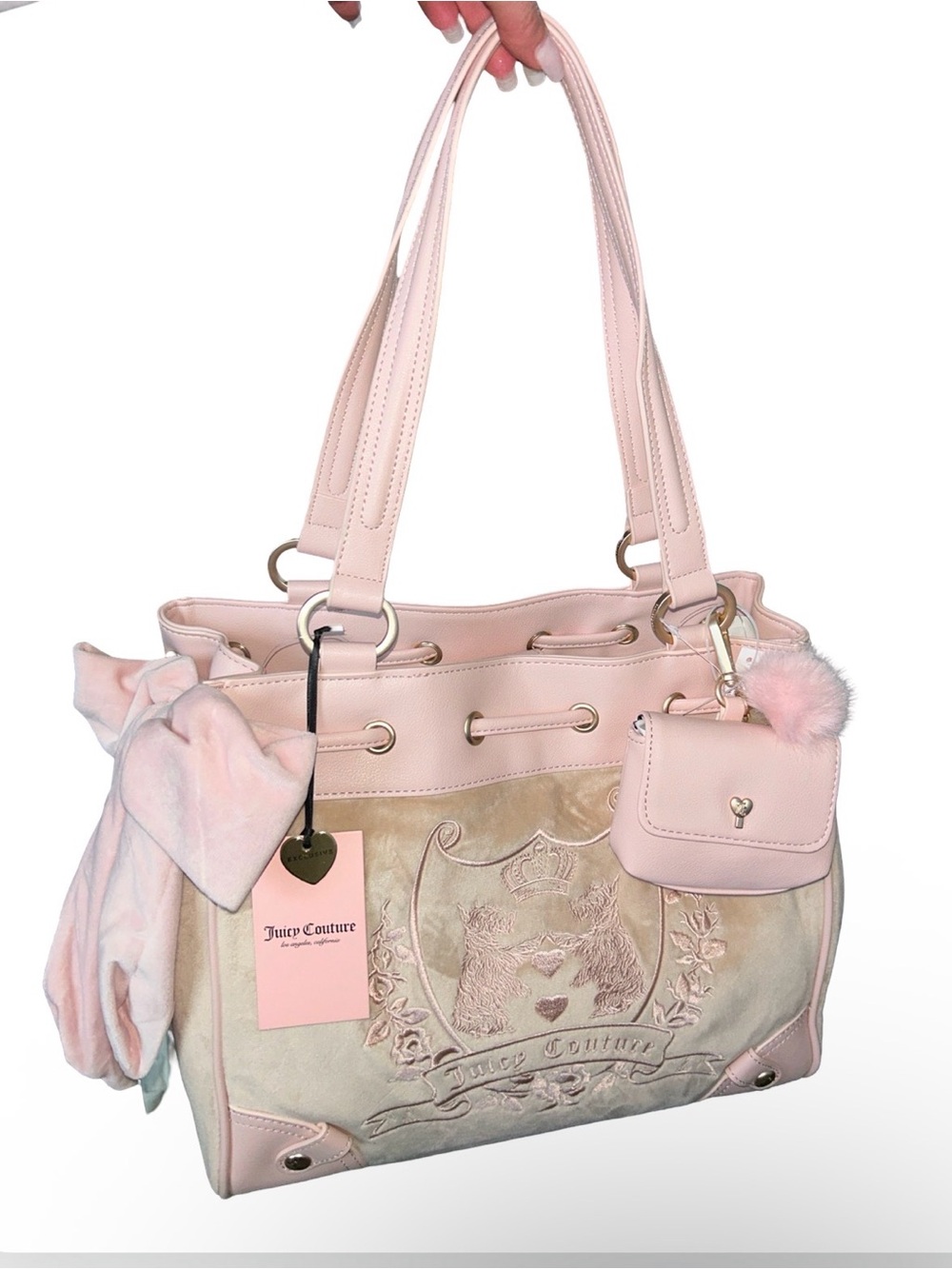 JUICY COUTURE VINTAGE SCOTTIE DOGS BUFF BEIGE NEW LOVE CHAPTER VELOUR TOTE NWT